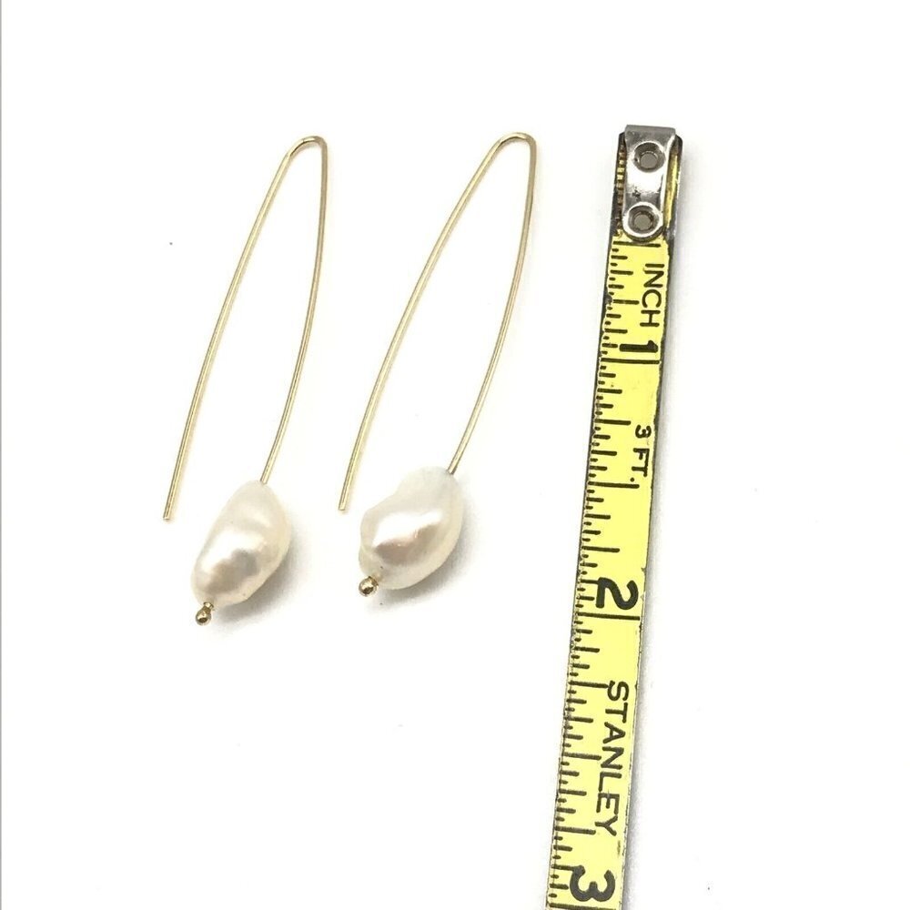 14k Yellow Gold 13MM Baroque Pearl Hook Drop Earrings 2" - Picture 5 of 8